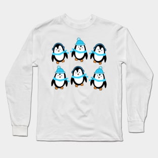 Festive Winter Penguins with Blue Scarves and Hats, made by EndlessEmporium Long Sleeve T-Shirt